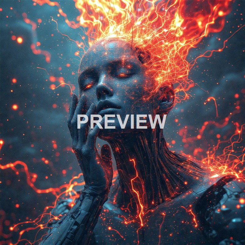 A digital artwork of a humanoid figure with a metallic face and closed eyes, surrounded by glowing orange and yellow electrical sparks emanating from its head and body, giving a futuristic and sci-fi impression.